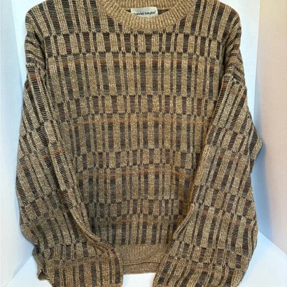 Vintage David Taylor Knit Sweater XL Tan Brown Geometric Pattern